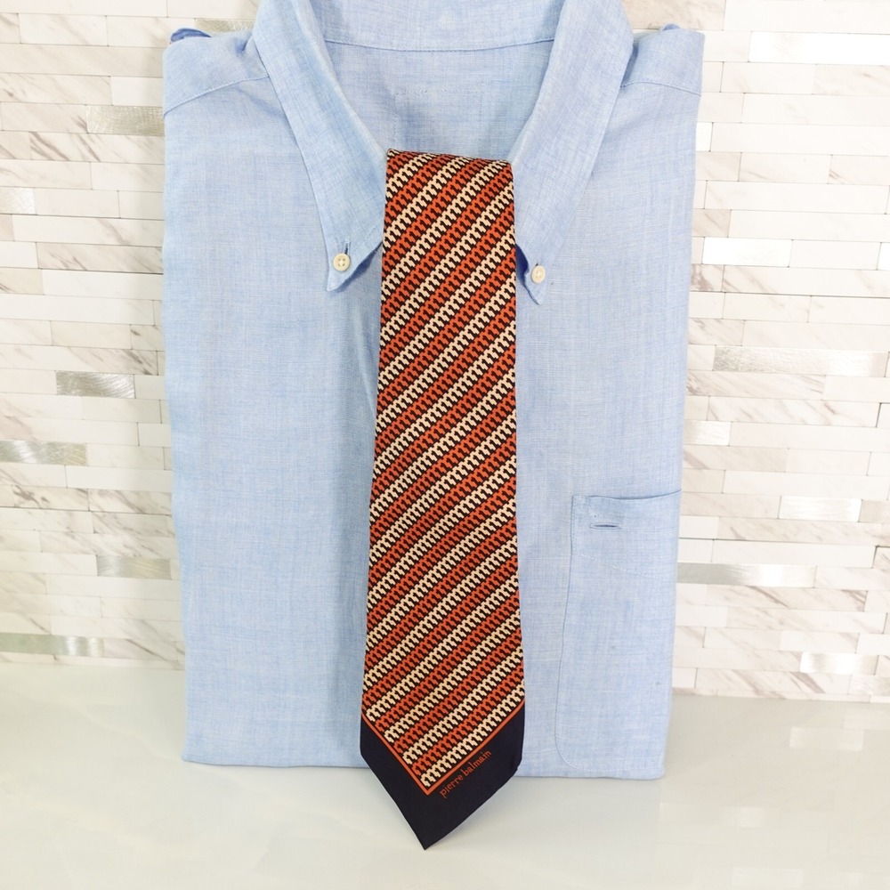 Pierre Balmain Striped Silk Tie Mens Blue Orange Regimental Woven Luxury Couture